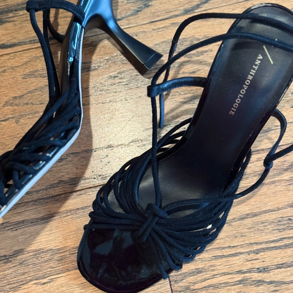 Anthropologie black suede sandal heels. Size 9 (fits like an 8)